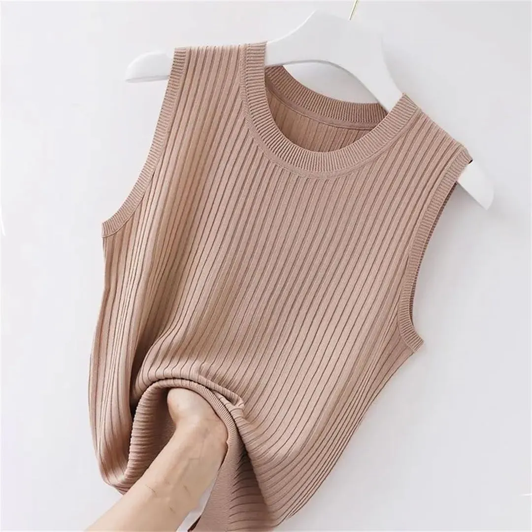 Women Solid Crop Camisole Knit Slim Sleeveless V-Neck Casual Tops