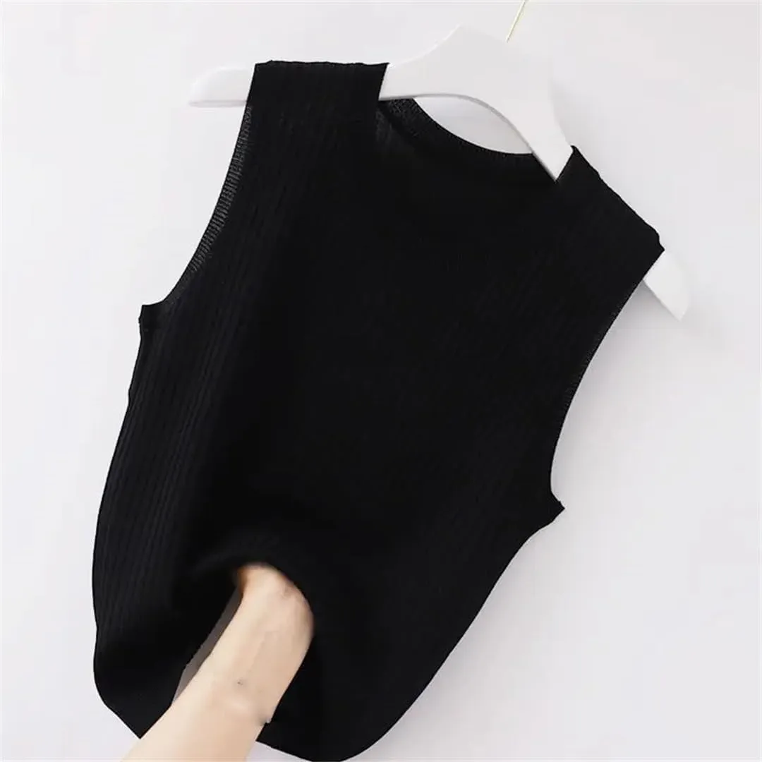 Women Solid Crop Camisole Knit Slim Sleeveless V-Neck Casual Tops