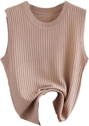 Women Solid Crop Camisole Knit Slim Sleeveless V-Neck Casual Tops