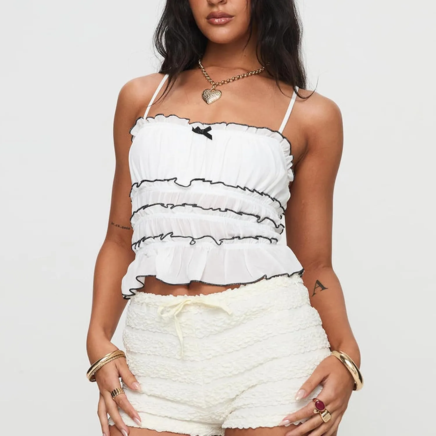 Women Spaghetti Strap Backless Y2k Crop Camisoles Tank Top Layered Ruffles Sleeveless Summer Cami Shirts