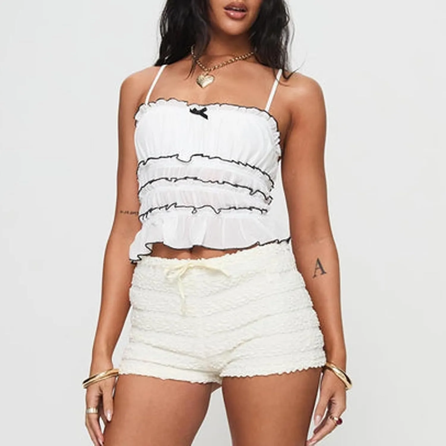 Women Spaghetti Strap Backless Y2k Crop Camisoles Tank Top Layered Ruffles Sleeveless Summer Cami Shirts