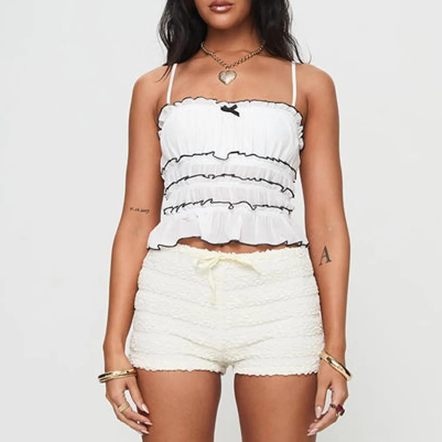 Women Spaghetti Strap Backless Y2k Crop Camisoles Tank Top Layered Ruffles Sleeveless Summer Cami Shirts