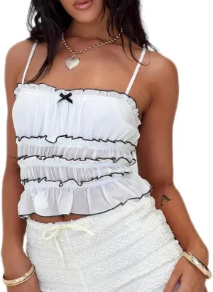 Women Spaghetti Strap Backless Y2k Crop Camisoles Tank Top Layered Ruffles Sleeveless Summer Cami Shirts