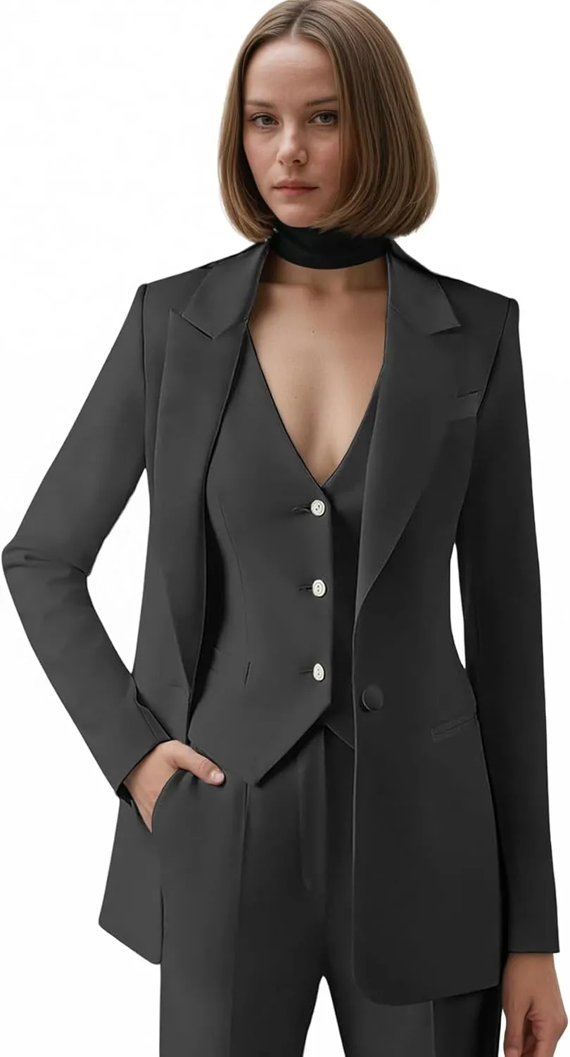 Women Suit Slim Fit Elegance Notch Lapel 3 Piece Workplace Style Jacket(Blazer Vest Pants
