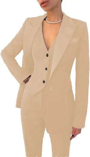 Women Suit Slim Fit Elegance Notch Lapel 3 Piece Workplace Style Jacket(Blazer Vest Pants