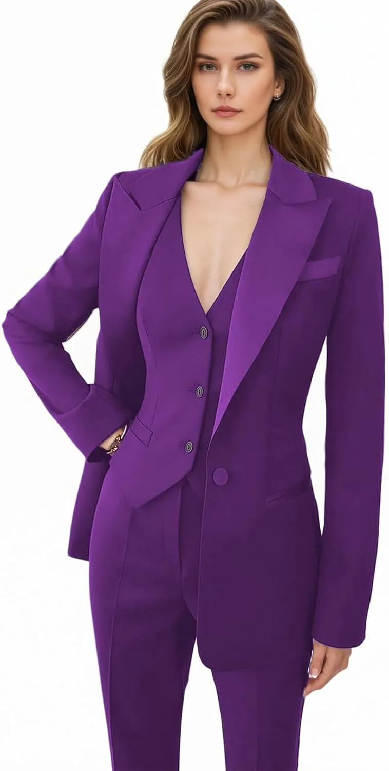 Women Suit Slim Fit Elegance Notch Lapel 3 Piece Workplace Style Jacket(Blazer Vest Pants