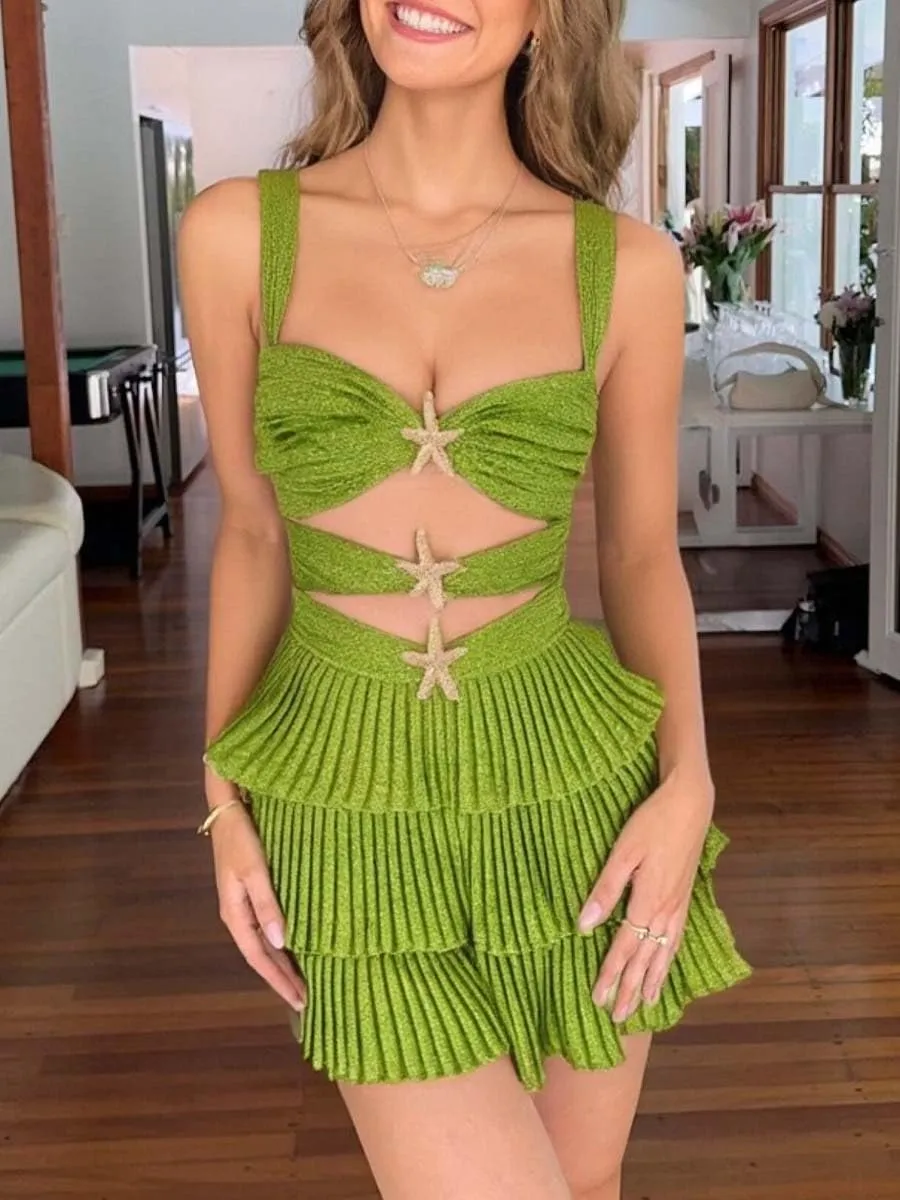 Women Y2k Sequin Mini Dress Sexy Cut Out Starfish Ruffle Tiered Dress Summer Sparkly Beach Party Sundress