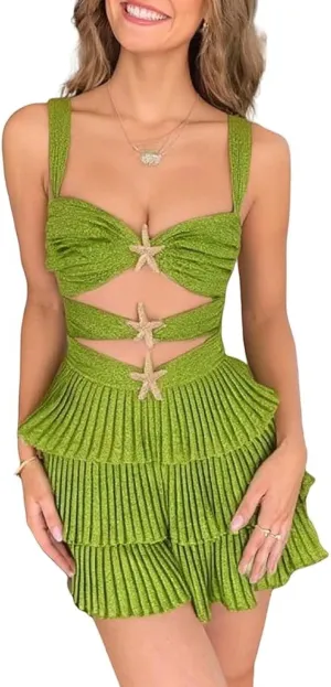 Women Y2k Sequin Mini Dress Sexy Cut Out Starfish Ruffle Tiered Dress Summer Sparkly Beach Party Sundress