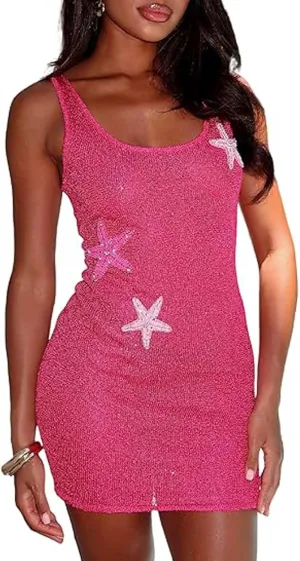 Women Y2k Sequin Mini Dress Sexy Cut Out Starfish Ruffle Tiered Dress Summer Sparkly Beach Party Sundress