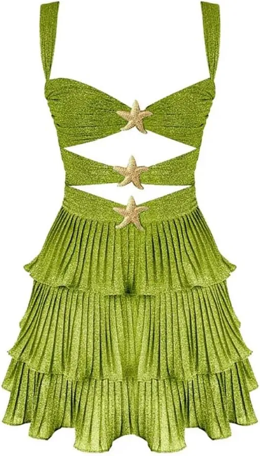Women Y2k Sequin Mini Dress Sexy Cut Out Starfish Ruffle Tiered Dress Summer Sparkly Beach Party Sundress
