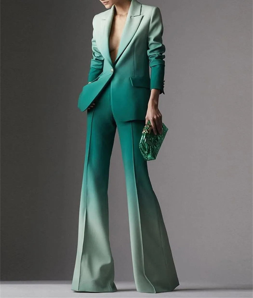 Women's 2024 Designer 2 Piece Outfits Suit Set Gradient Color Printed Single Button Blazer Flare Pants Suit