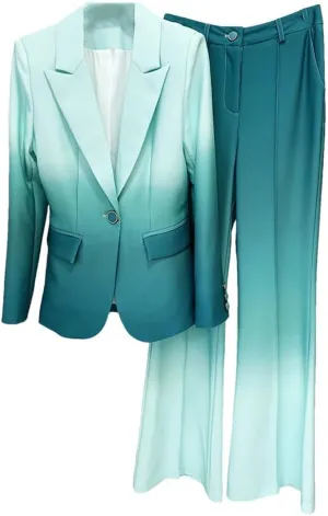 Women's 2024 Designer 2 Piece Outfits Suit Set Gradient Color Printed Single Button Blazer Flare Pants Suit