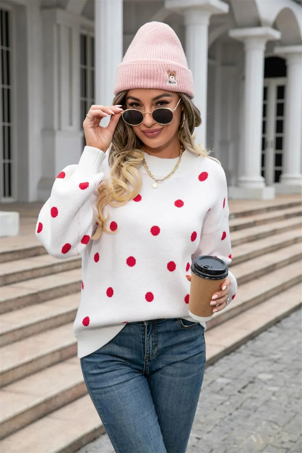 Womens Autumn Winter Sweaters Warm Comfortable Pullovers Casual Fashion Cardigans Ladies Polka Dot Knit Sweater