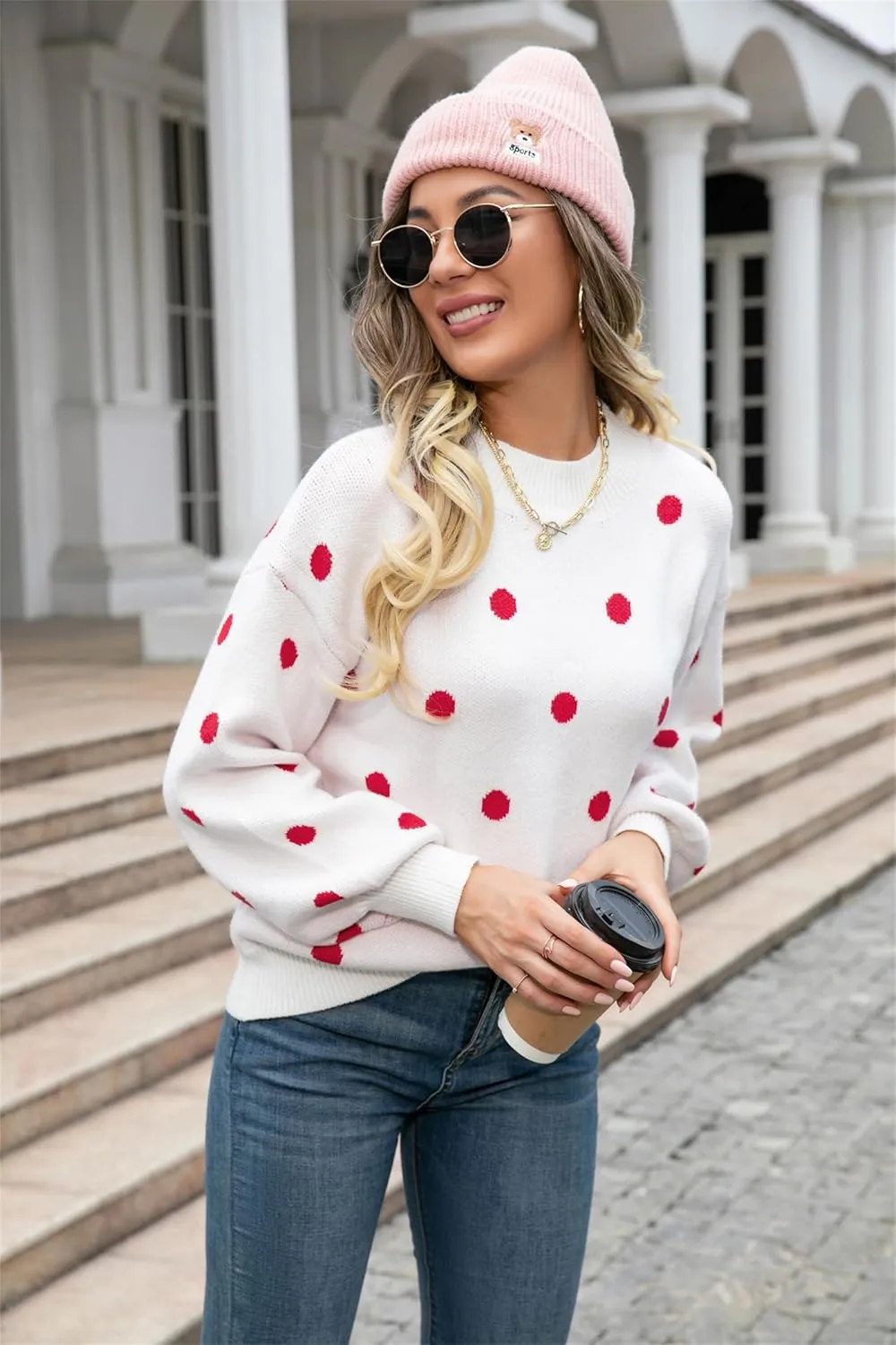 Womens Autumn Winter Sweaters Warm Comfortable Pullovers Casual Fashion Cardigans Ladies Polka Dot Knit Sweater