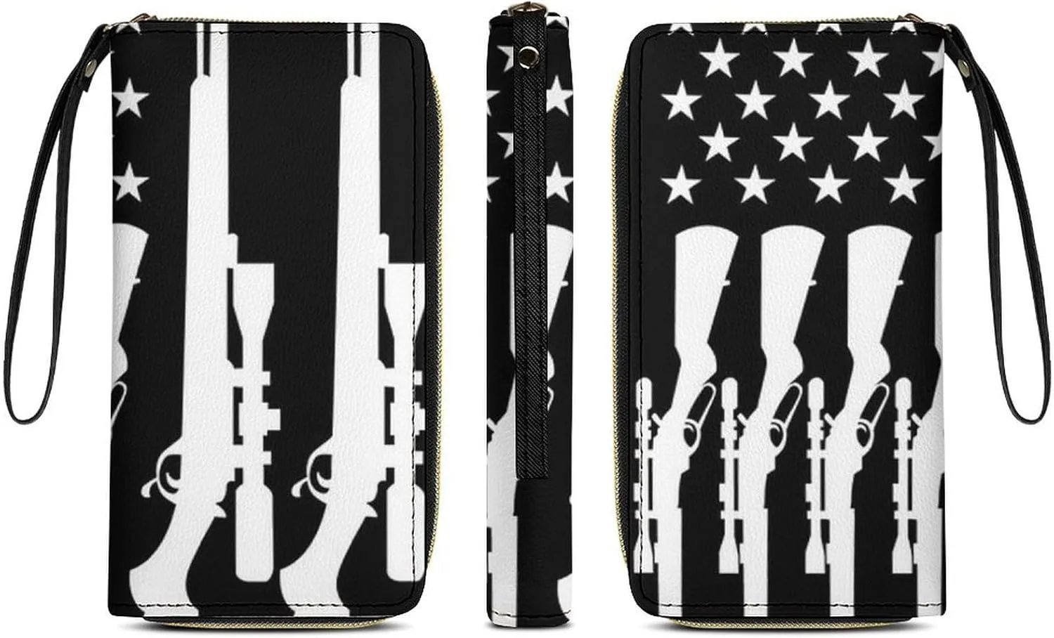 Women's Black And White Sniperguns American Flag PU Leather Clutch with Wristlet, 7.8x4.1x1.4 Inch Compact Wallet for Daily Essentials, Fashionable and Functional Design