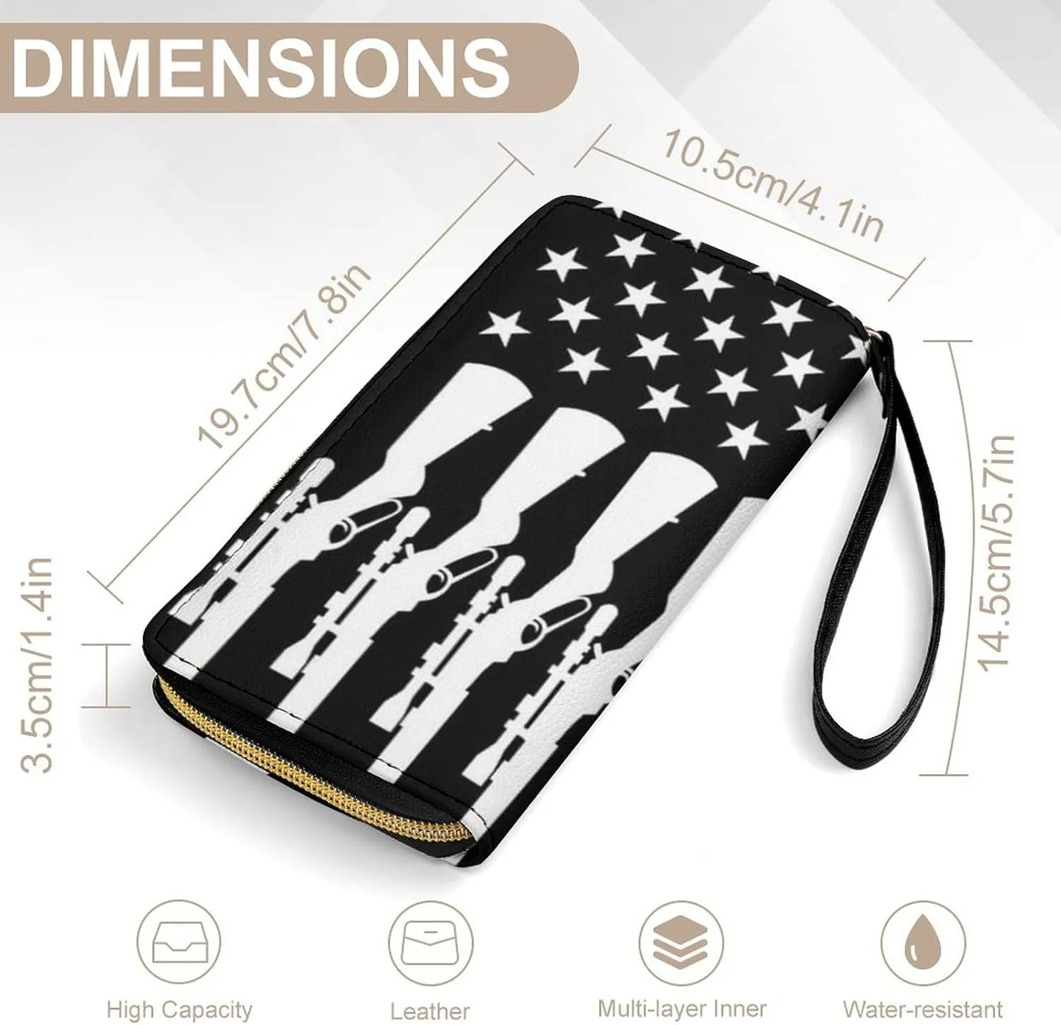 Women's Black And White Sniperguns American Flag PU Leather Clutch with Wristlet, 7.8x4.1x1.4 Inch Compact Wallet for Daily Essentials, Fashionable and Functional Design