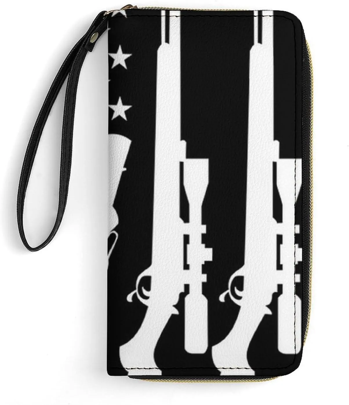 Women's Black And White Sniperguns American Flag PU Leather Clutch with Wristlet, 7.8x4.1x1.4 Inch Compact Wallet for Daily Essentials, Fashionable and Functional Design