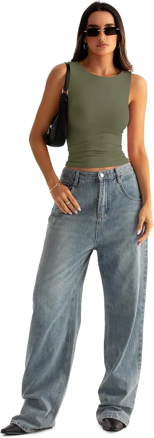 Womens Boat Neck Seamless Tank Tops Sleeveless Double Layering Shirts Basic Going Out Tops Summer Outfits