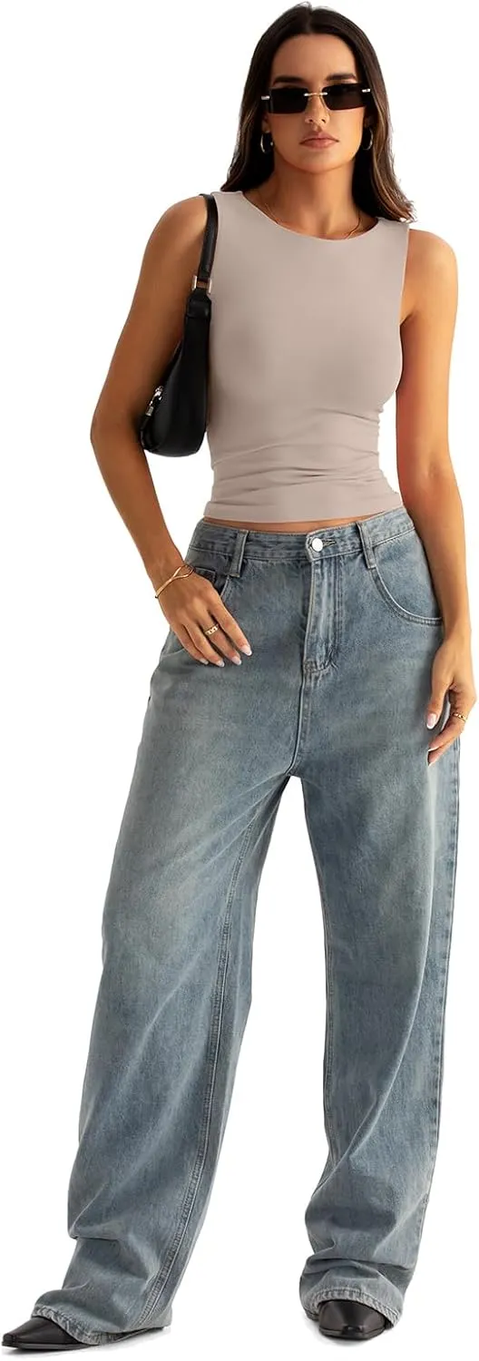 Womens Boat Neck Seamless Tank Tops Sleeveless Double Layering Shirts Basic Going Out Tops Summer Outfits