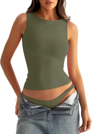 Womens Boat Neck Seamless Tank Tops Sleeveless Double Layering Shirts Basic Going Out Tops Summer Outfits