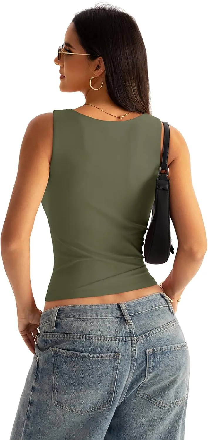 Womens Boat Neck Seamless Tank Tops Sleeveless Double Layering Shirts Basic Going Out Tops Summer Outfits