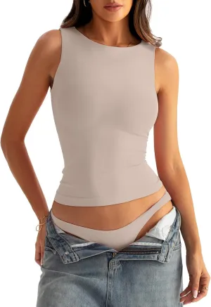 Womens Boat Neck Seamless Tank Tops Sleeveless Double Layering Shirts Basic Going Out Tops Summer Outfits