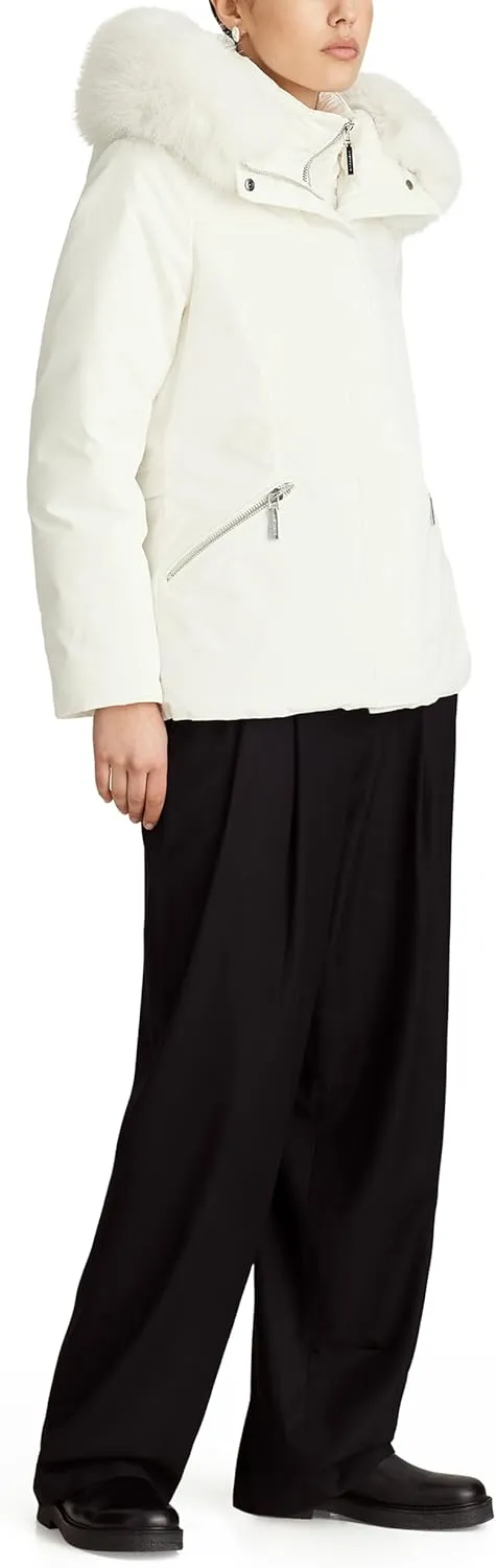 Women's Boston Heavy Nylon Parka Jacket With Attached Bib and Faux Fur Trim Hood