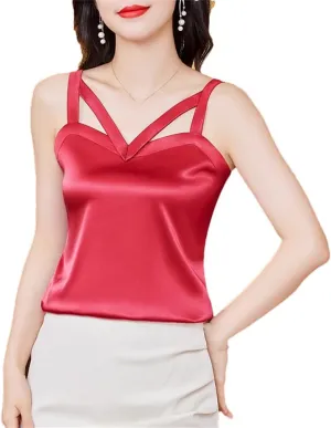 Women's Camisole Shirt Spring and Summer Silk Satin Vest Sleeveless Hollow Top