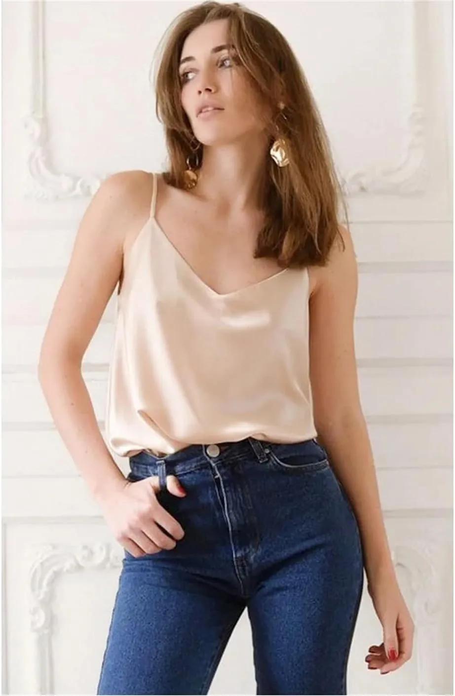 Women's Camisole Tops Neck V Neck Camisole Sleeveless Satin Silk Vest Summer Camisole