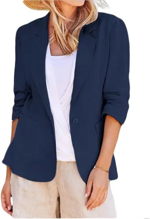 Women's Casual Blazer Cotton Linen Button Lapel Long Sleeve Coat Work Business Blazers Jackets Outfits with Pockets