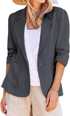 Women's Casual Blazer Cotton Linen Button Lapel Long Sleeve Coat Work Business Blazers Jackets Outfits with Pockets