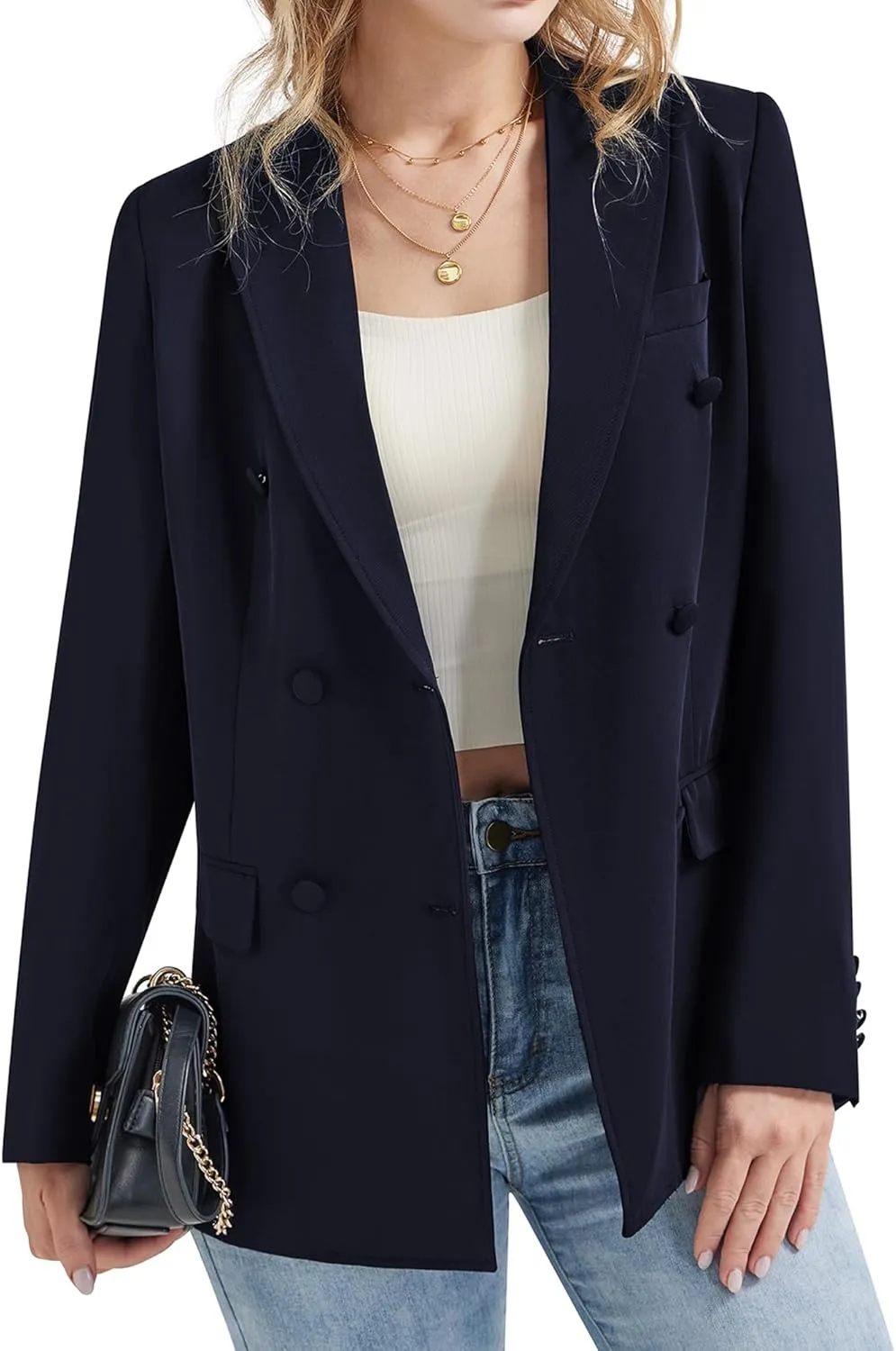 Women's Casual Long Sleeve Blazers Double Breasted Notch Lapel Suit Work Office Open Front Blazers Jacket