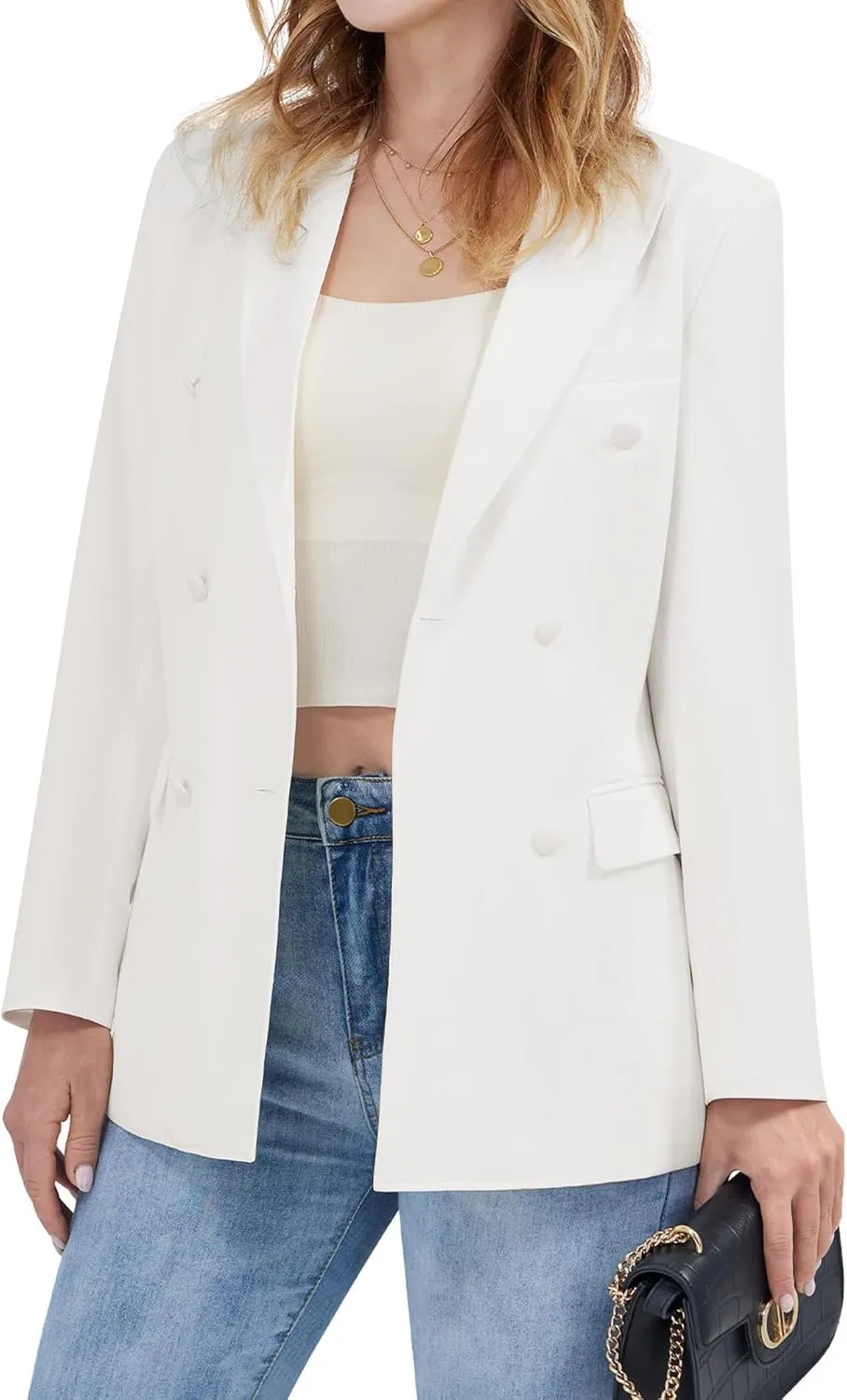 Women's Casual Long Sleeve Blazers Double Breasted Notch Lapel Suit Work Office Open Front Blazers Jacket