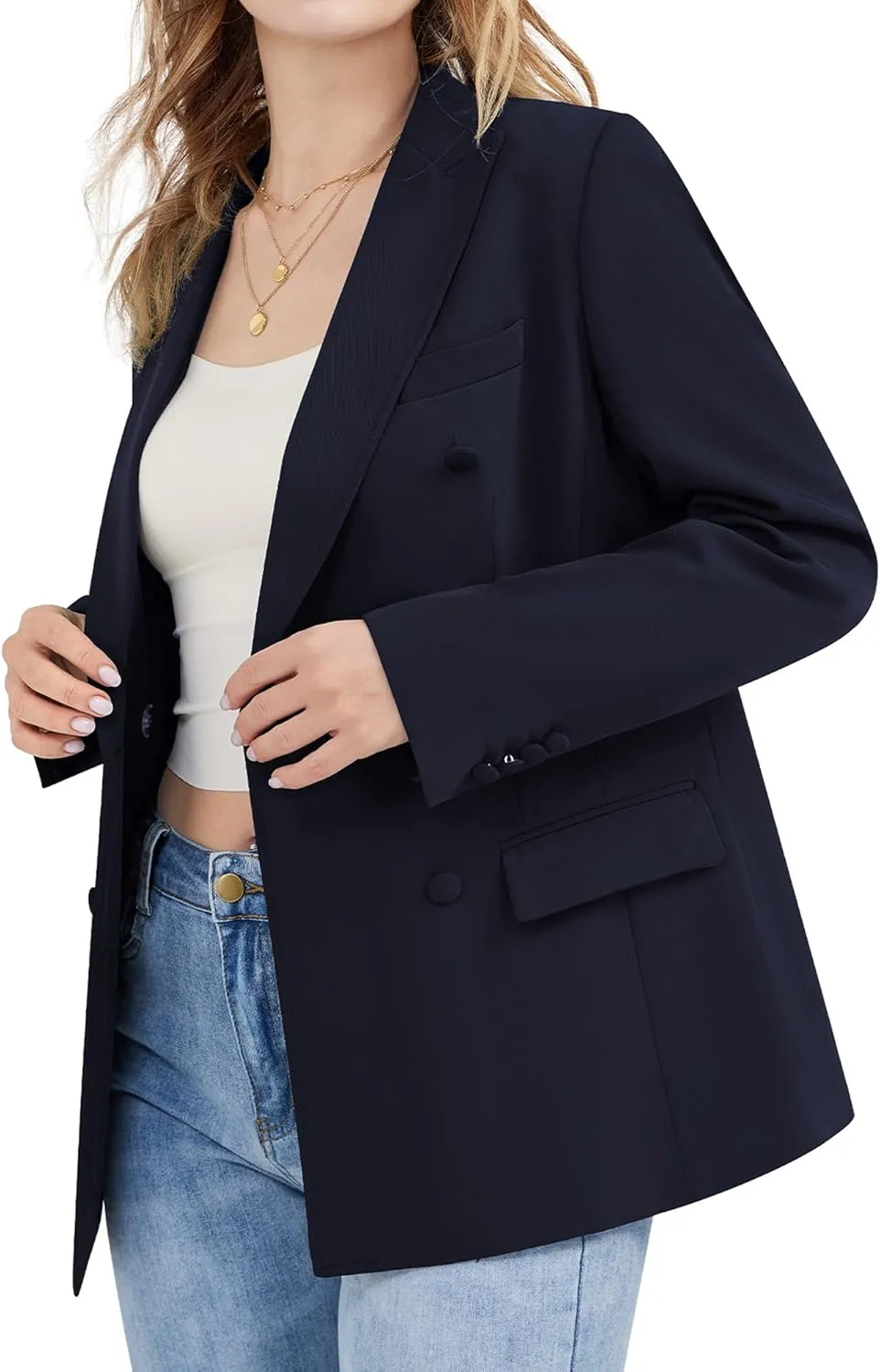 Women's Casual Long Sleeve Blazers Double Breasted Notch Lapel Suit Work Office Open Front Blazers Jacket
