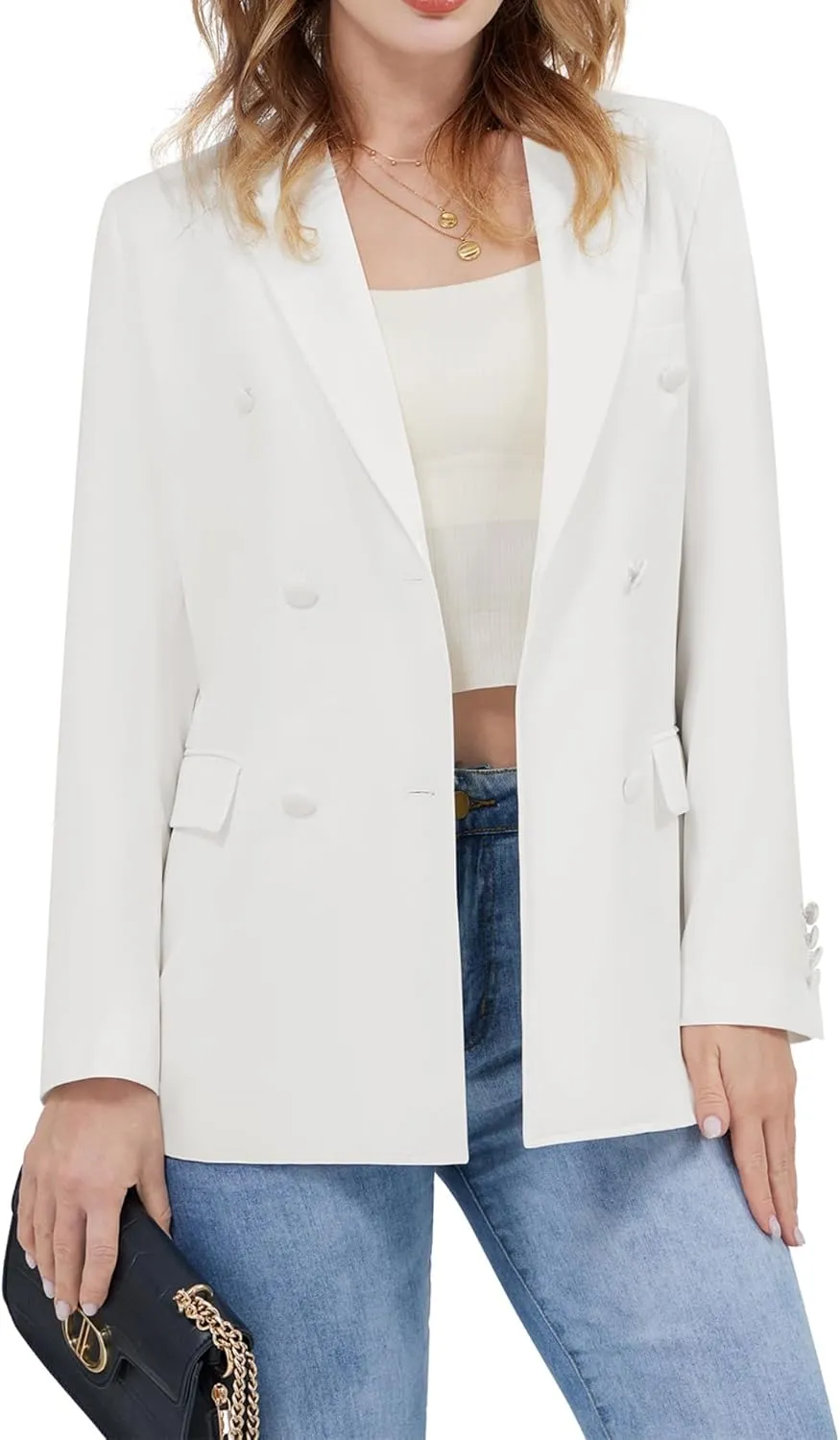 Women's Casual Long Sleeve Blazers Double Breasted Notch Lapel Suit Work Office Open Front Blazers Jacket