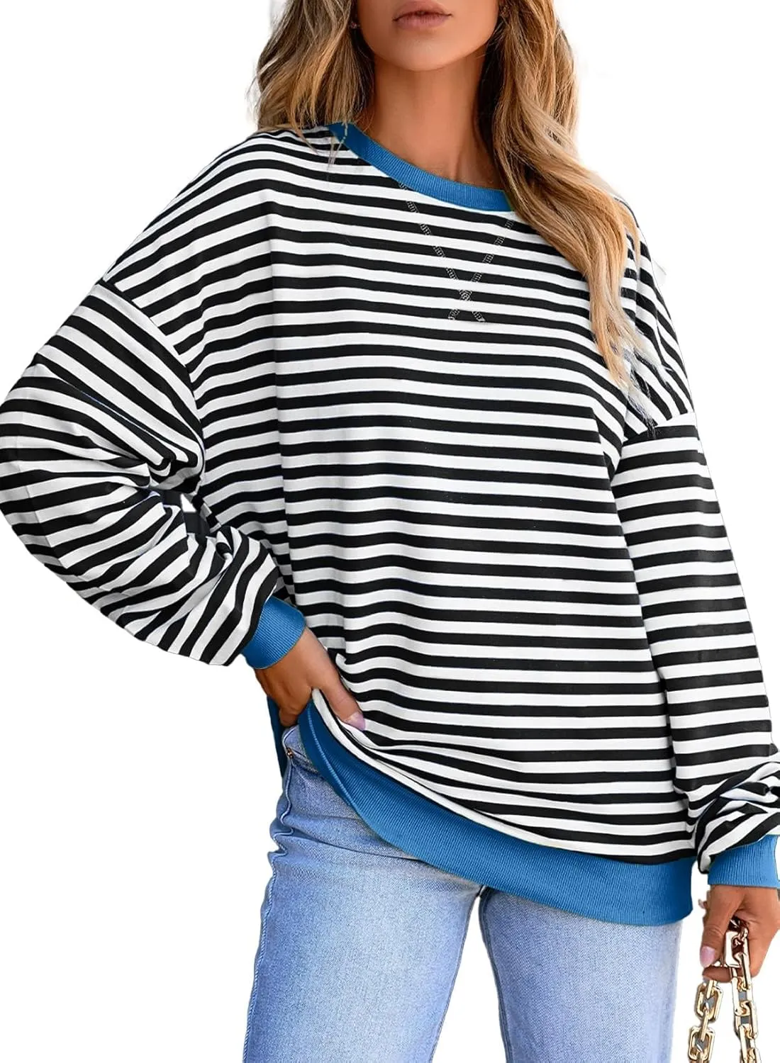 Women's Casual Striped Sweatshirt Fall Long Sleeve Crew neck Oversized Sweatshirts