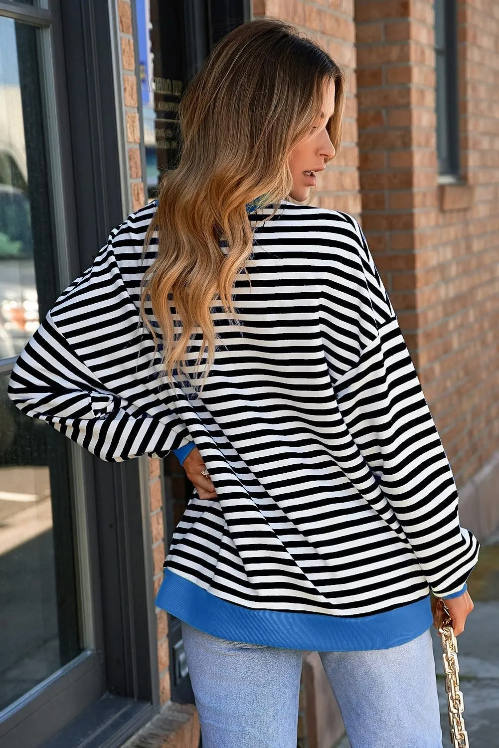 Women's Casual Striped Sweatshirt Fall Long Sleeve Crew neck Oversized Sweatshirts