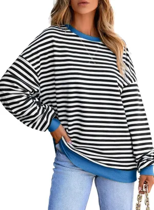 Women's Casual Striped Sweatshirt Fall Long Sleeve Crew neck Oversized Sweatshirts