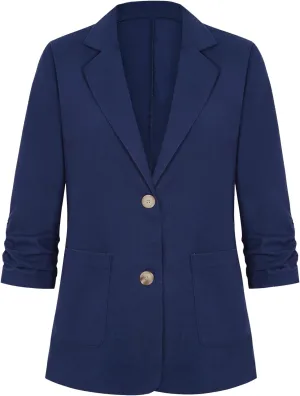Womens Cotton Linen Blazer 3/4 Ruched Sleeve Lightweight Spring Summer Lapel Button Casual Blazers with Pockets