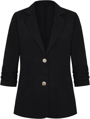 Womens Cotton Linen Blazer 3/4 Ruched Sleeve Lightweight Spring Summer Lapel Button Casual Blazers with Pockets