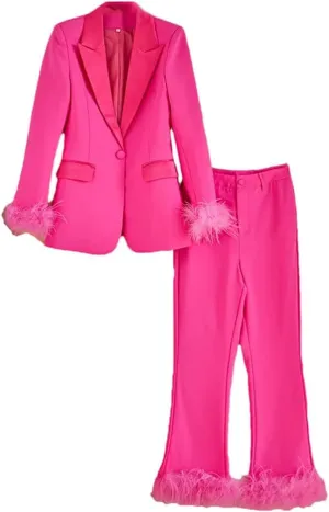 Women's England Style Luxury Design Black Ostrich Feather Patchwork Street Blazer and Pants Suits Sets