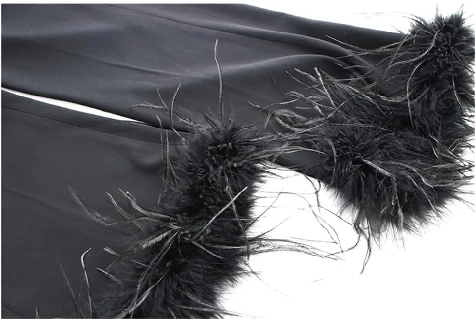 Women's England Style Luxury Design Black Ostrich Feather Patchwork Street Blazer and Pants Suits Sets