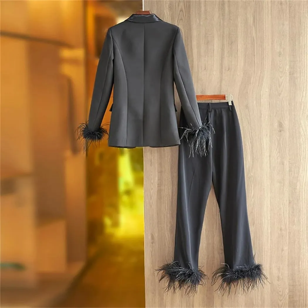 Women's England Style Luxury Design Black Ostrich Feather Patchwork Street Blazer and Pants Suits Sets