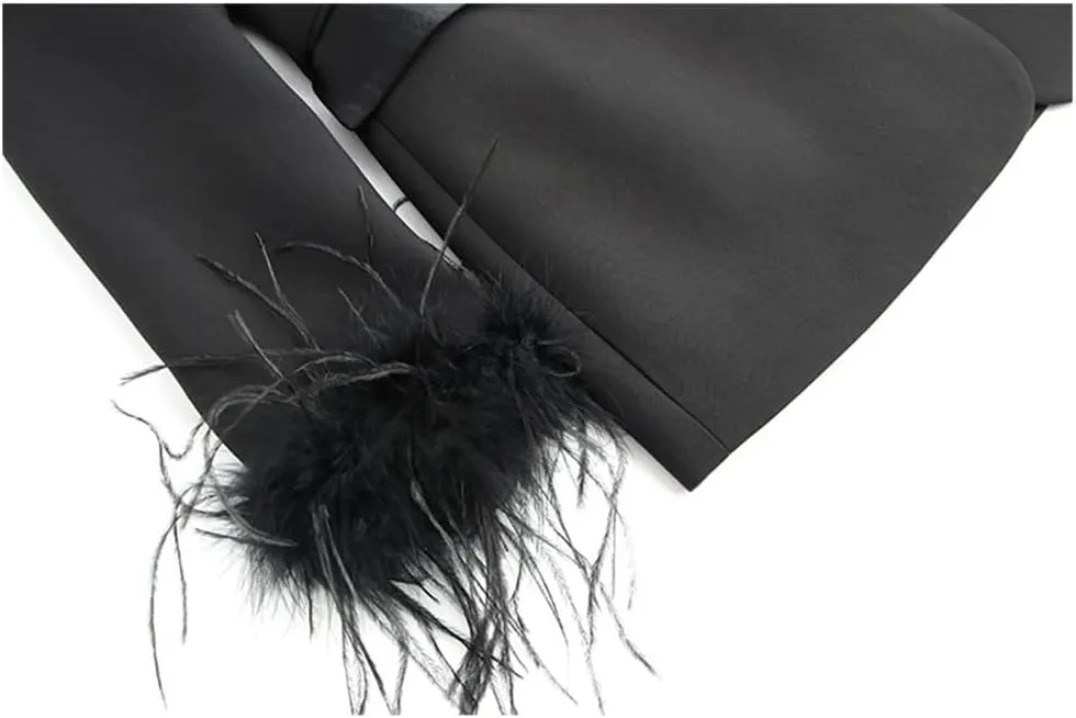 Women's England Style Luxury Design Black Ostrich Feather Patchwork Street Blazer and Pants Suits Sets
