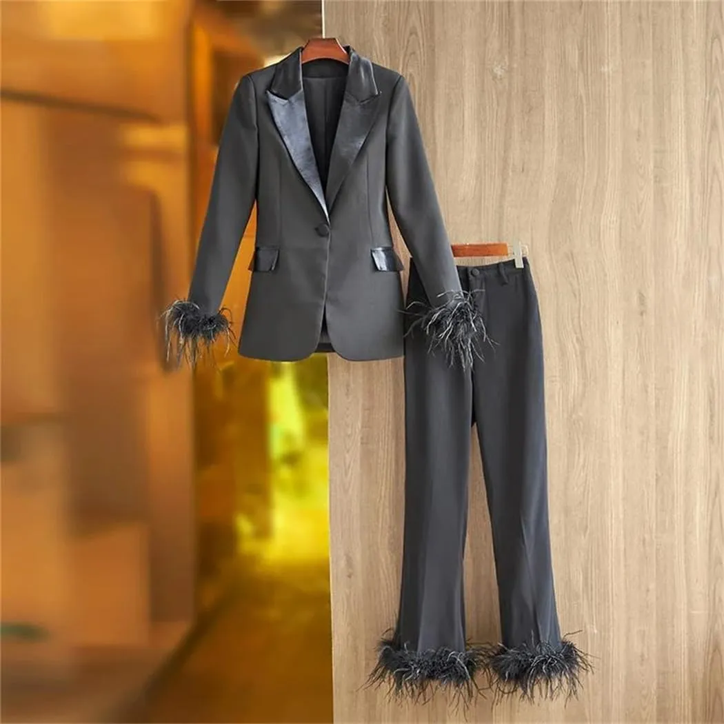 Women's England Style Luxury Design Black Ostrich Feather Patchwork Street Blazer and Pants Suits Sets