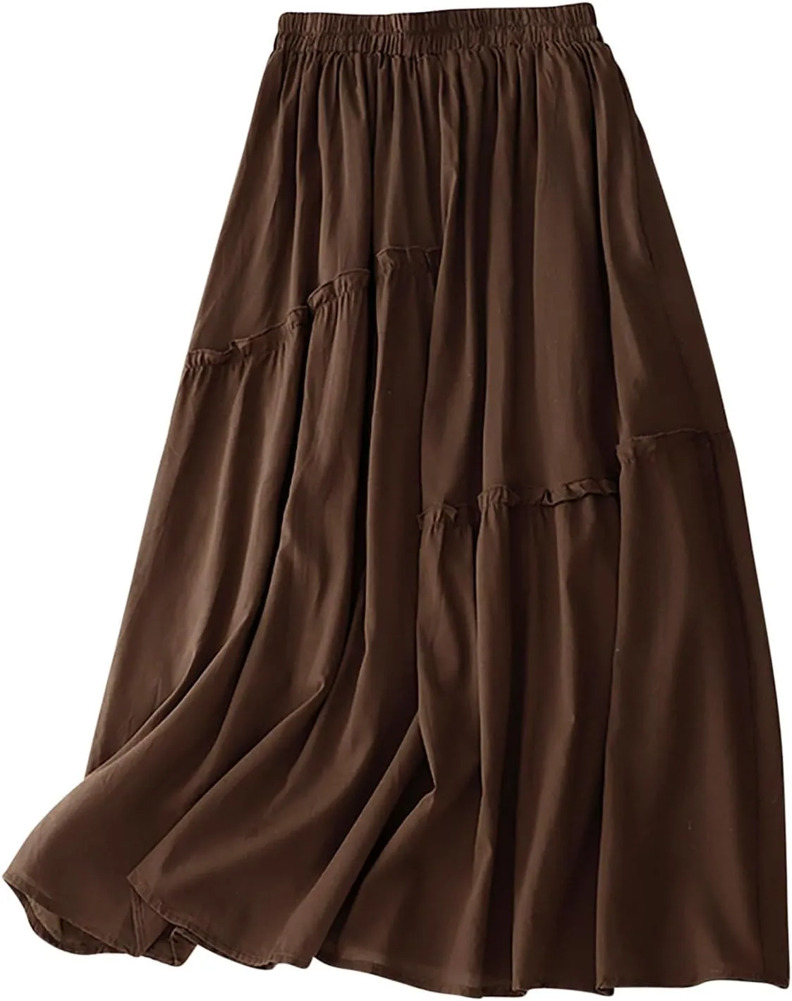 Womens Fairy Midi Skirts Summer New Double Layered Cotton Linen Skirts Elastic Waist Swing Pleated A-Line Skirts