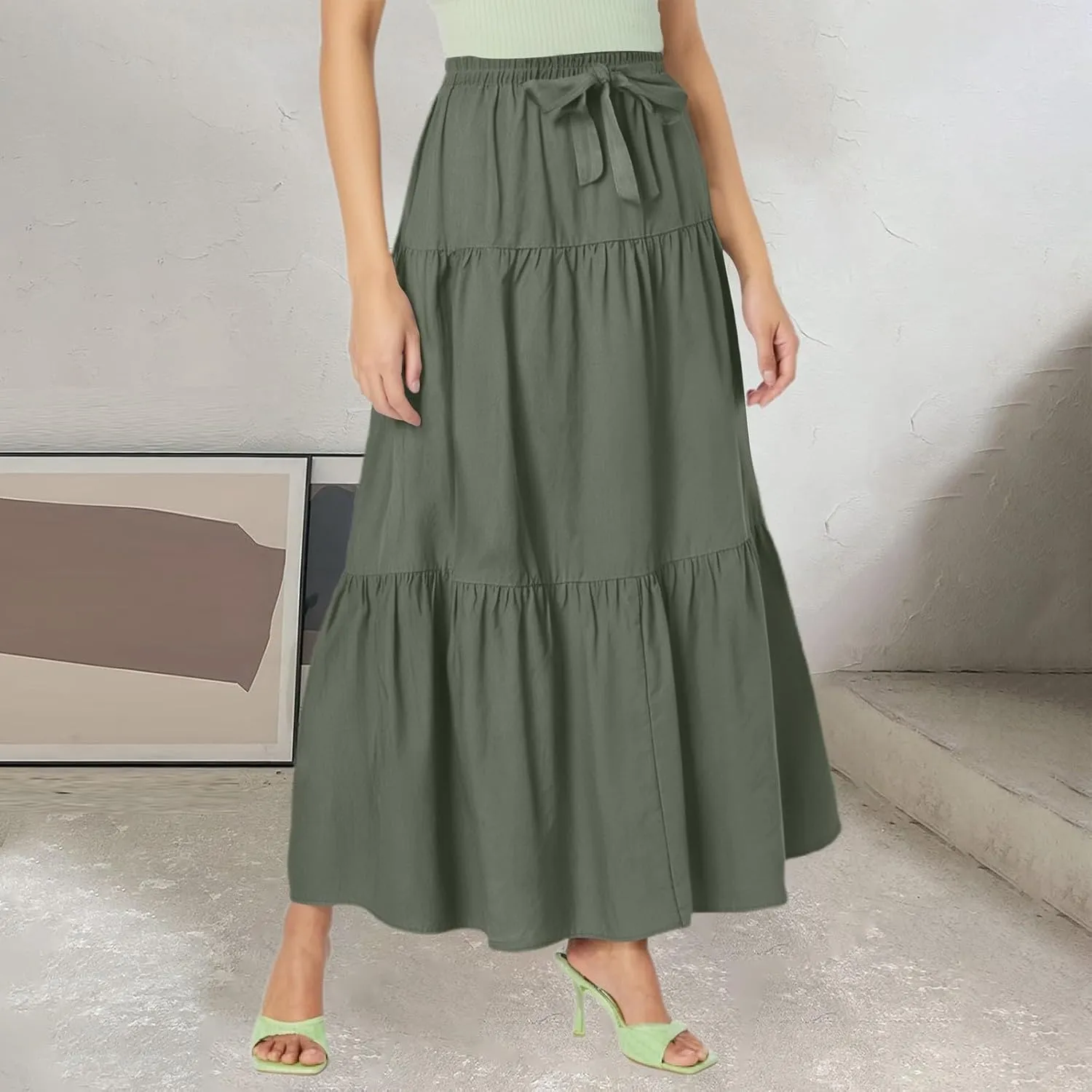 Women's Flowy Flared Ruffle Boho Long Skirt Casual a-line Bow tie Loose Trendy Summer Maxi Skirt for Women Vacation
