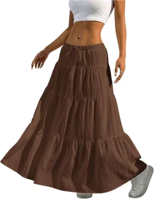 Women's Flowy Flared Ruffle Hem A Line Maxi Skirts Elastic Waist Elegant Tiered Layer Boho Long Skirts