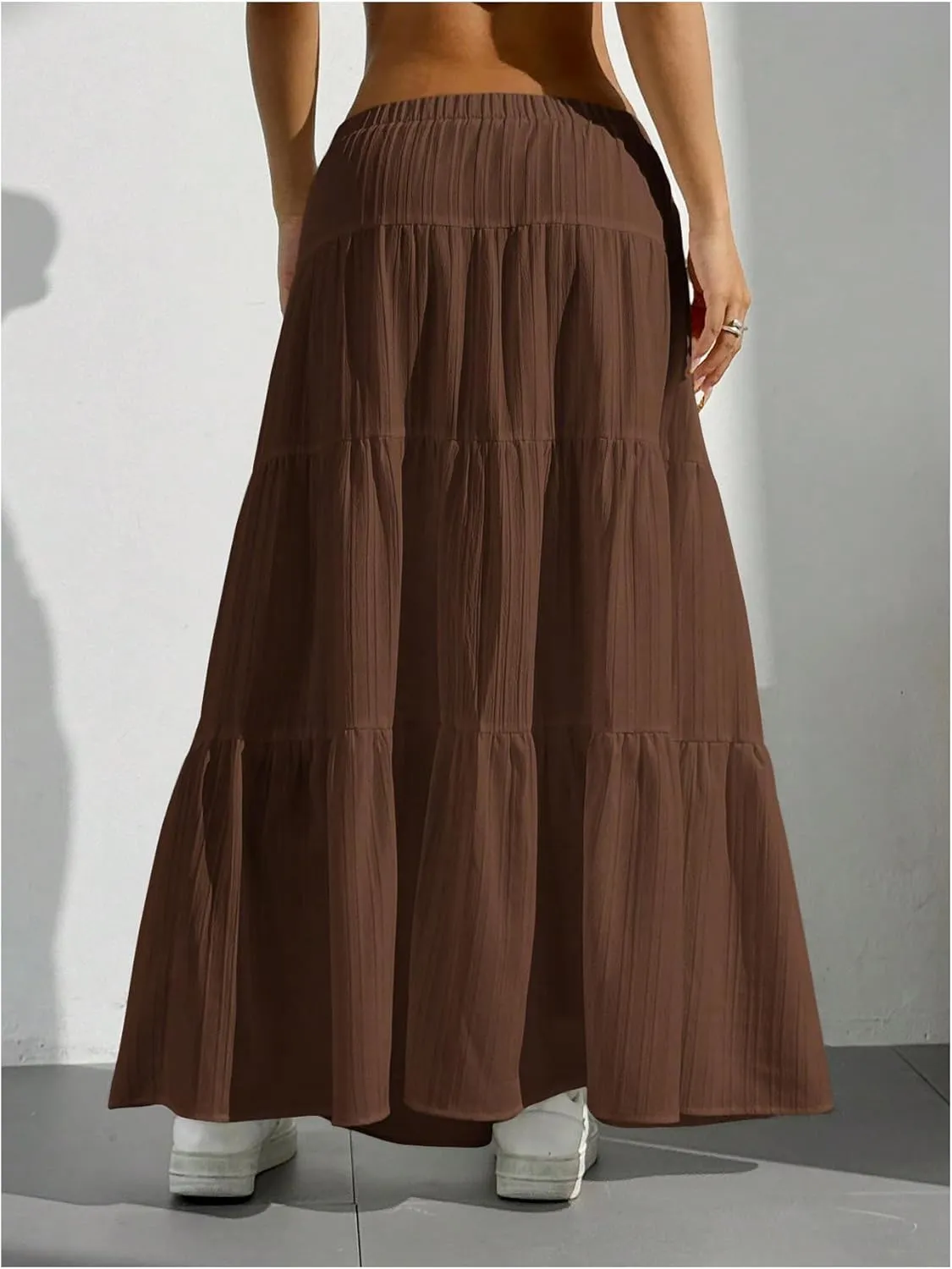 Women's Flowy Flared Ruffle Hem A Line Maxi Skirts Elastic Waist Elegant Tiered Layer Boho Long Skirts