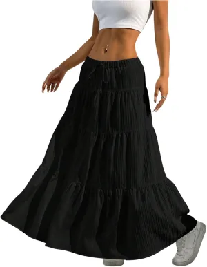 Women's Flowy Flared Ruffle Hem A Line Maxi Skirts Elastic Waist Elegant Tiered Layer Boho Long Skirts